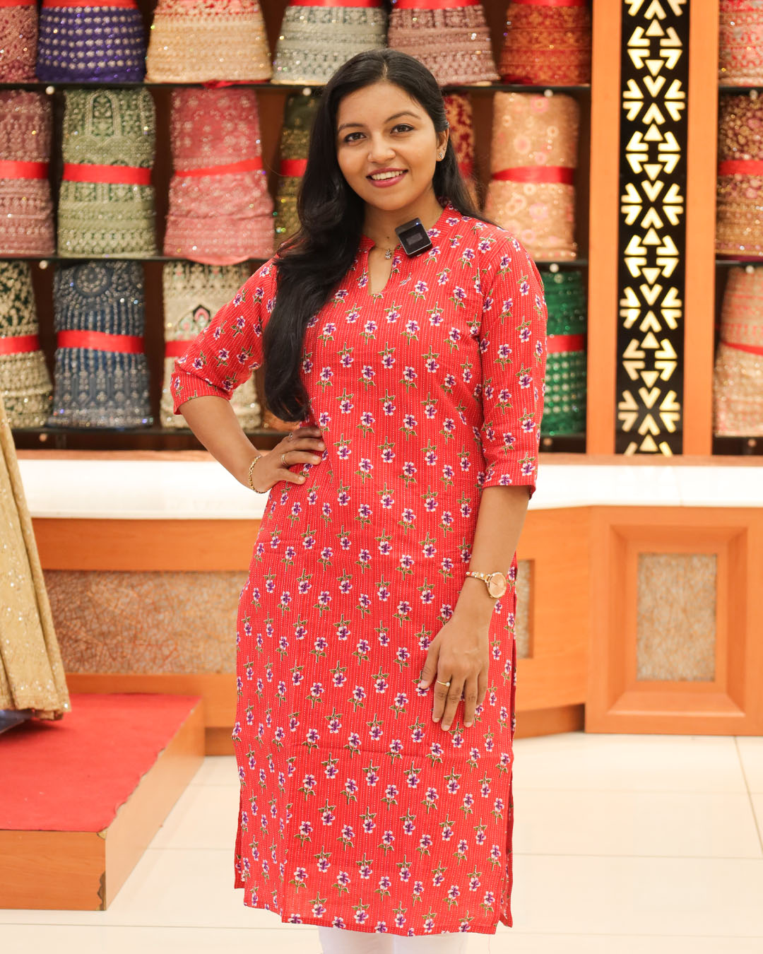 Women's Red Floral Print Cotton Kurti - 1149