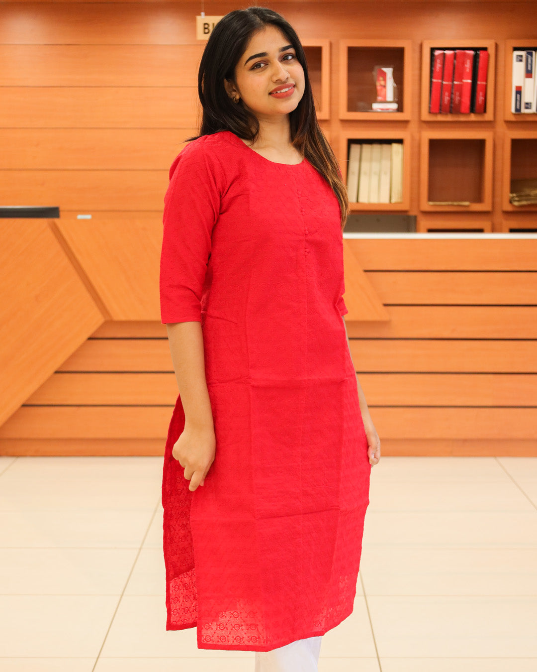 Women's Red Hakoba Slitted Kurti - 1157