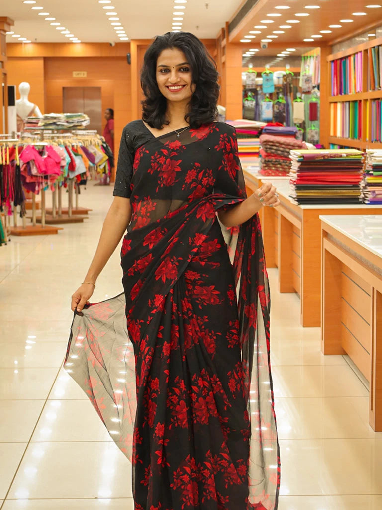 Black Floral Print Saree - 1129